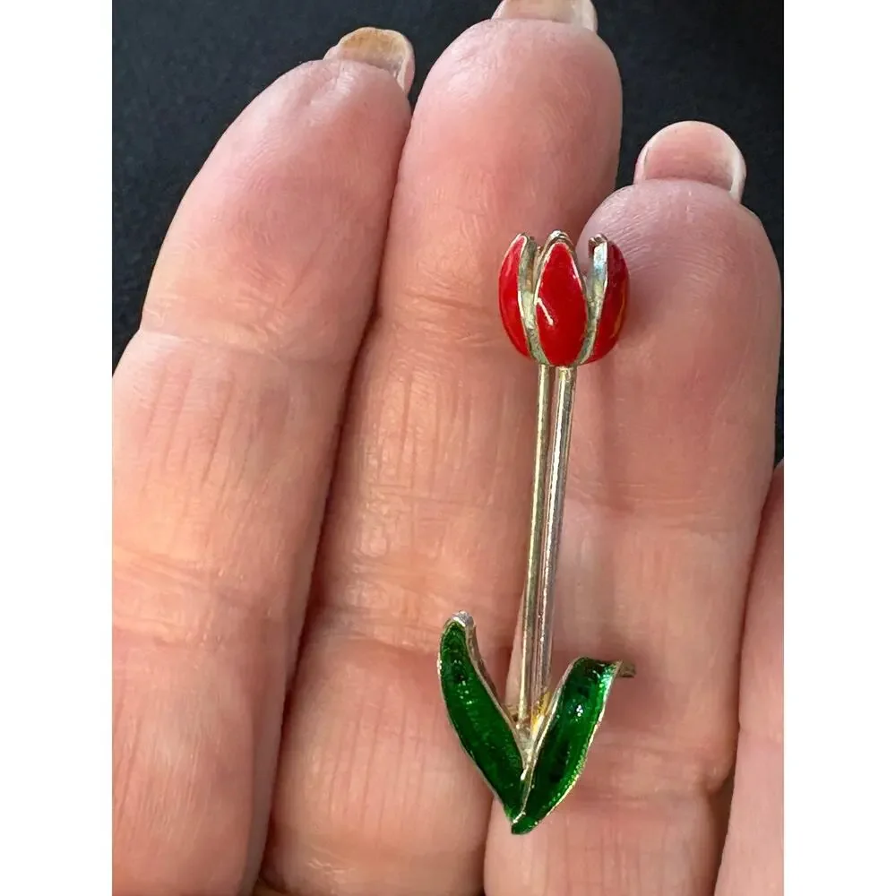 Vintage Tulip Brooch Red Green Enamel Floral Silver Tone Pin